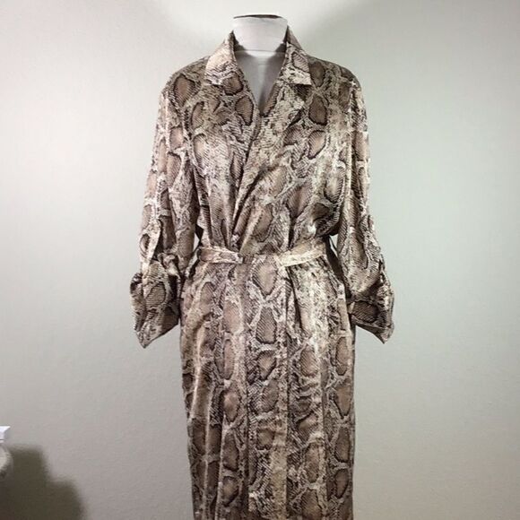 Eye Candy Robe Snakeskin Gown Collar Tab Sleeves Belted Midi V-Neck Size M - Picture 2 of 11